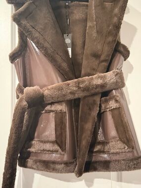 Fashion Nova Brown Faux Fur Trim Vest with Belt